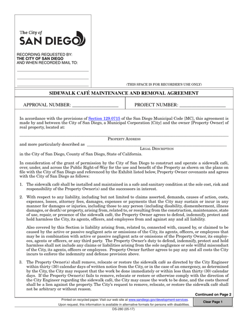 Form DS-280 Sidewalk Cafe Maintenance and Removal Agreement - City of San Diego, California