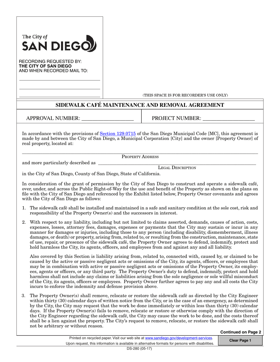 Form DS-280 Sidewalk Cafe Maintenance and Removal Agreement - City of San Diego, California, Page 1