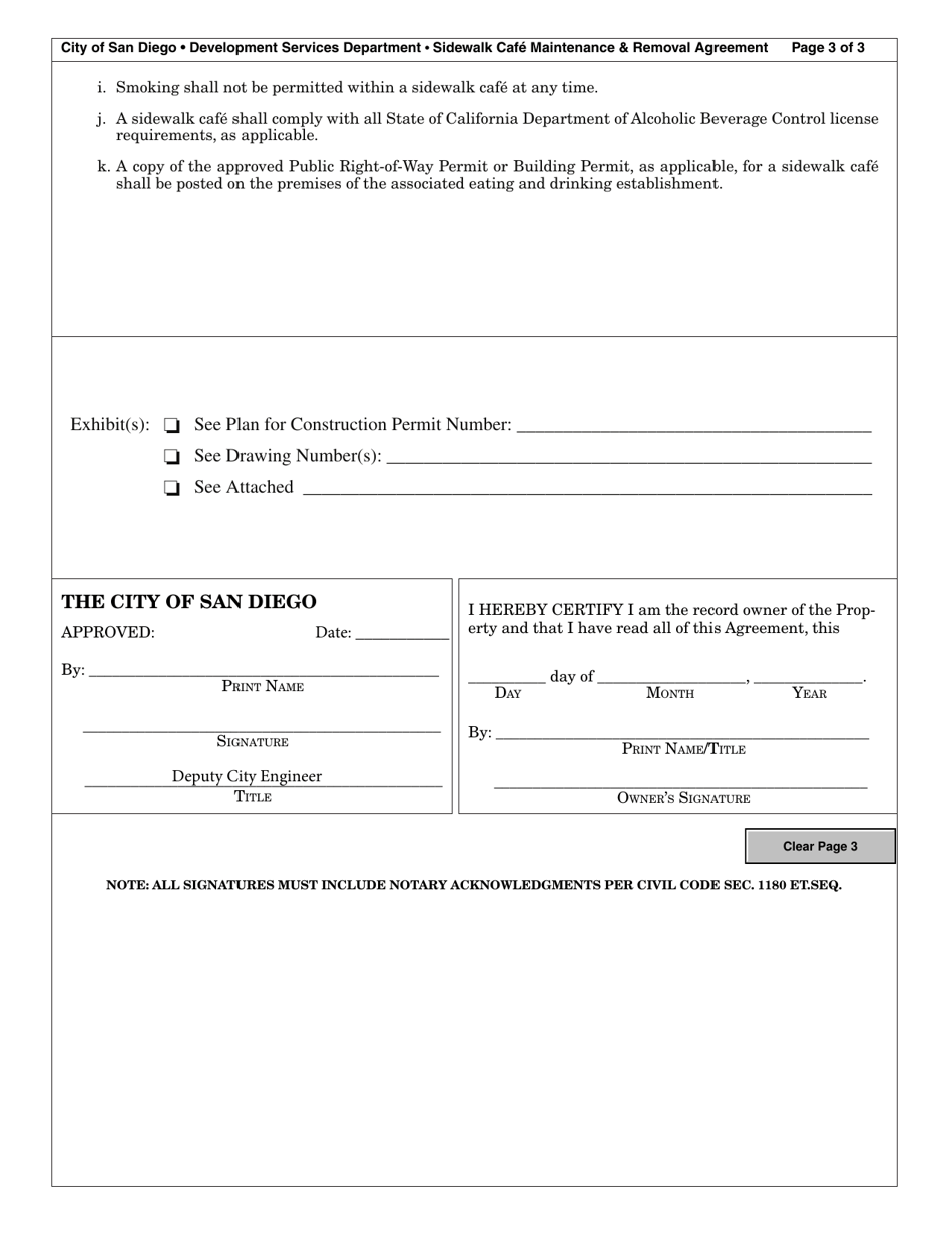 Form DS-280 Sidewalk Cafe Maintenance and Removal Agreement - City of San Diego, California, Page 3