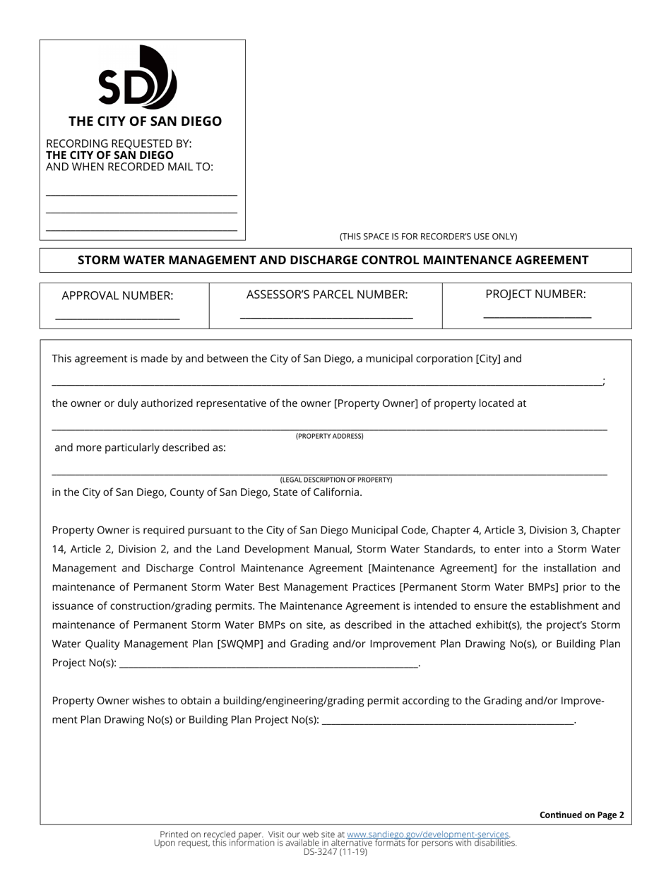 Form DS-3247 Storm Water Management and Discharge Control Maintenance Agreement - City of San Diego, California, Page 1