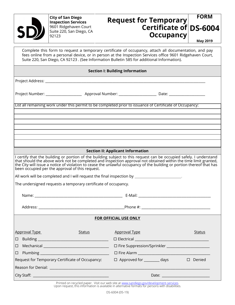 Form DS-6004 Request for Temporary Certificate of Occupancy - City of San Diego, California, Page 1