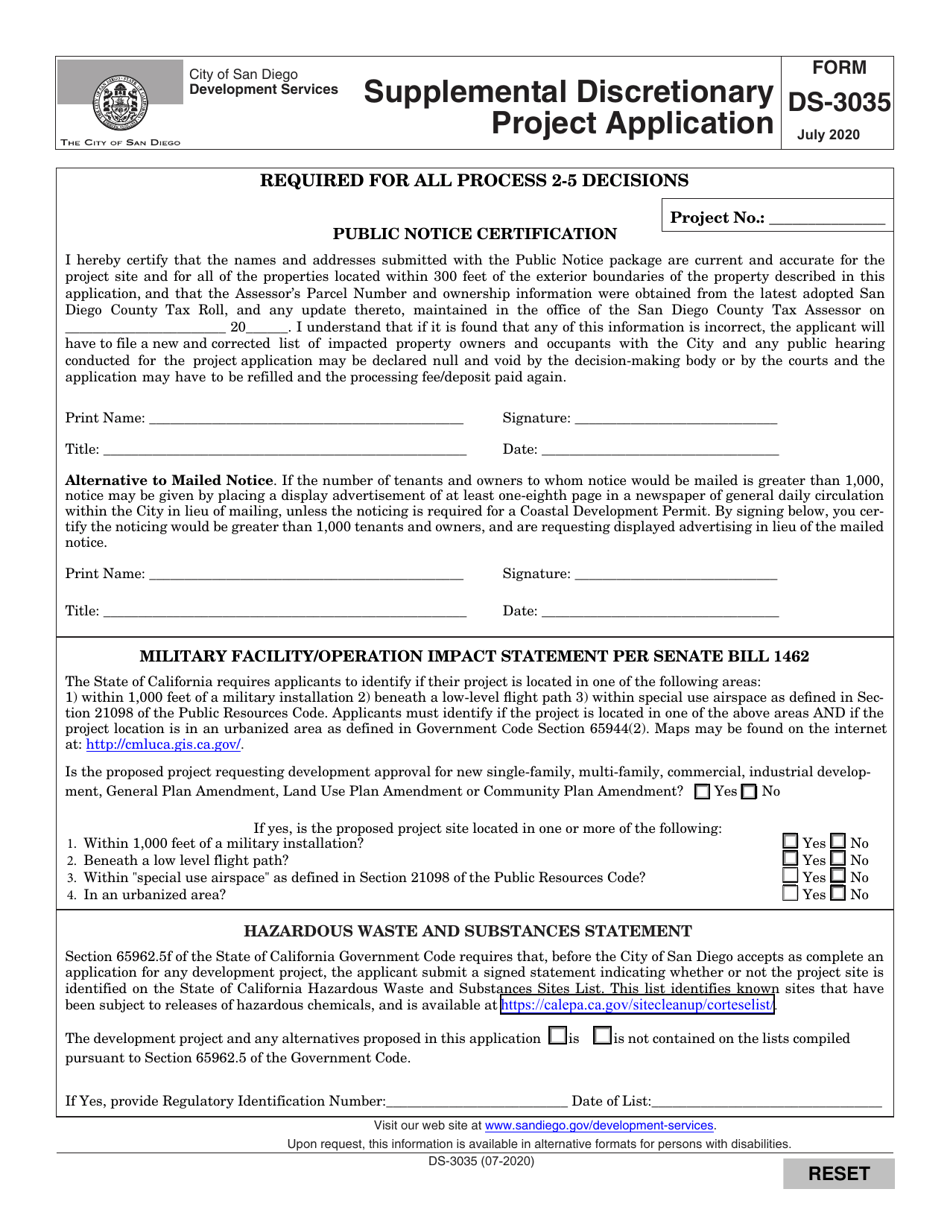 Form DS-3035 Supplemental Discretionary Project Application - City of San Diego, California, Page 1