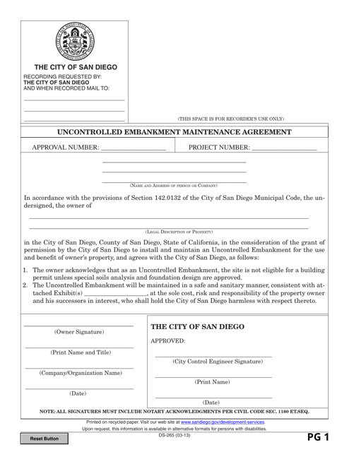 Form DS-AC-265 Uncontrolled Embankment Maintenance Agreement - City of San Diego, California