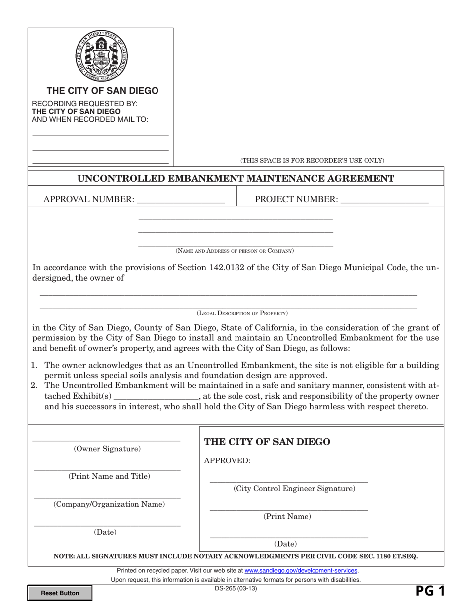 Form DS-AC-265 Uncontrolled Embankment Maintenance Agreement - City of San Diego, California, Page 1
