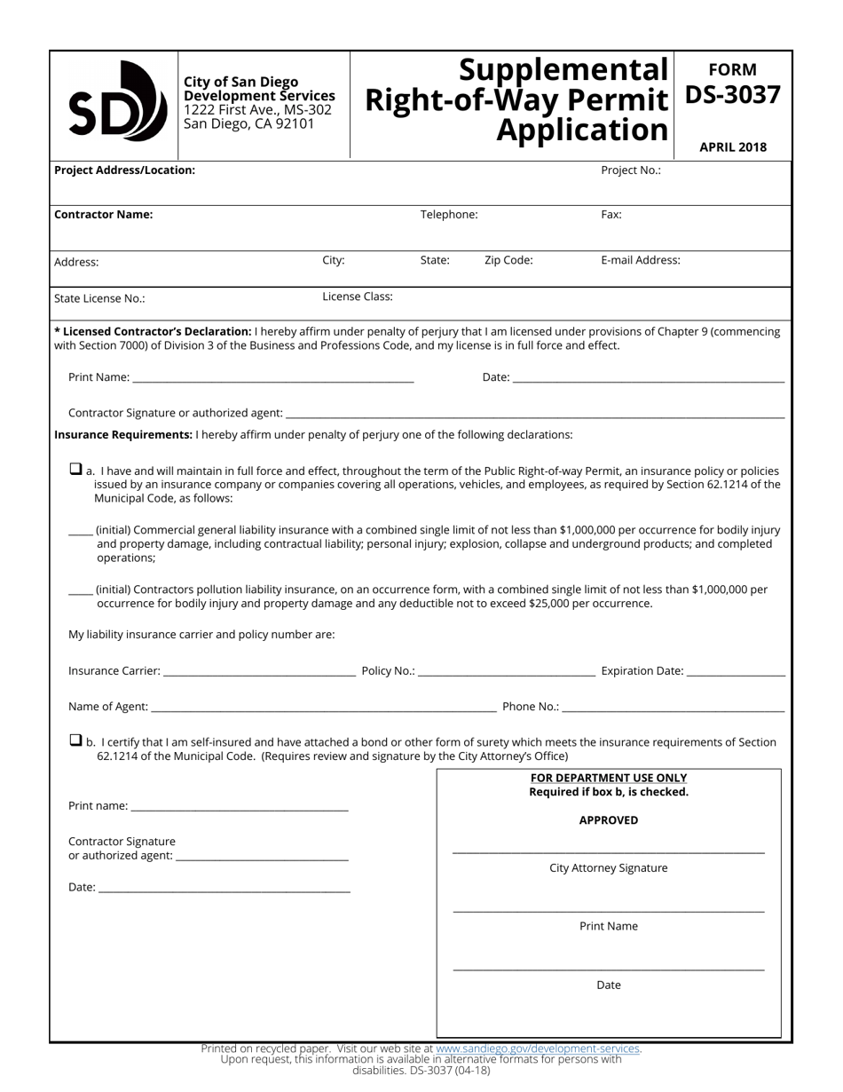 Form DS-3037 Supplemental Right-Of-Way Permit Application - City of San Diego, California, Page 1
