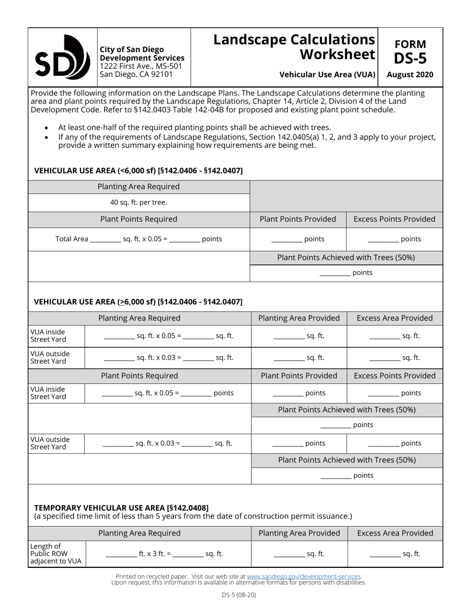 Form DS-5 Landscape Calculations Worksheet - Vehicular Use Area (Vua) - City of San Diego, California, Page 1