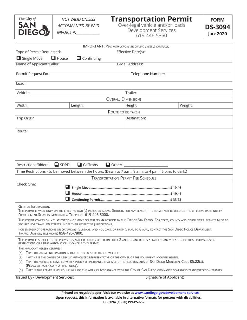 Form DS-3094 Transportation Permit - City of San Diego, California, Page 1