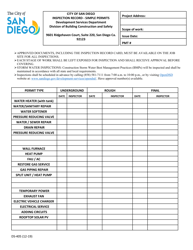 Form DS-405 &quot;Inspection Record - Simple Permits&quot; - City of San Diego, California