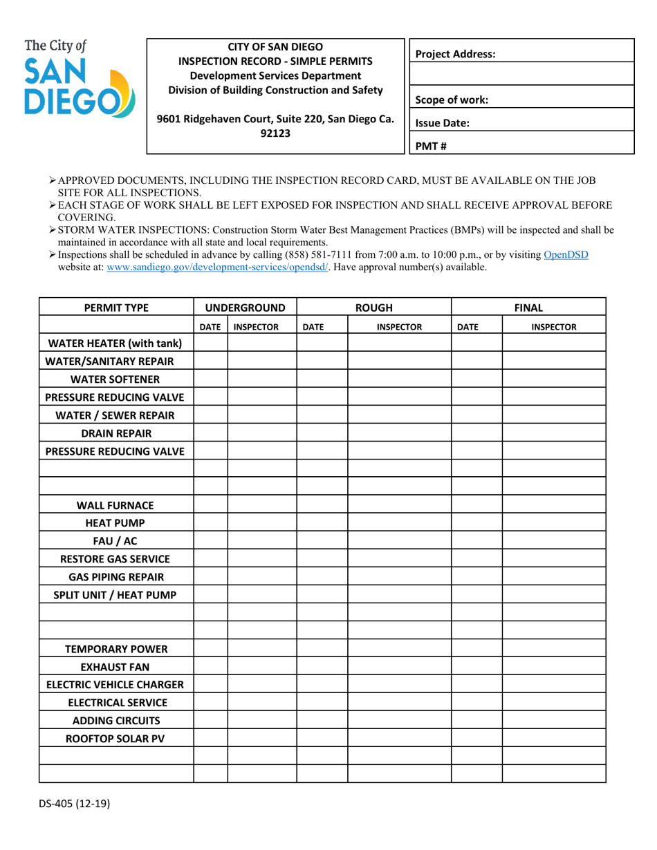Form DS-405 Inspection Record - Simple Permits - City of San Diego, California, Page 1