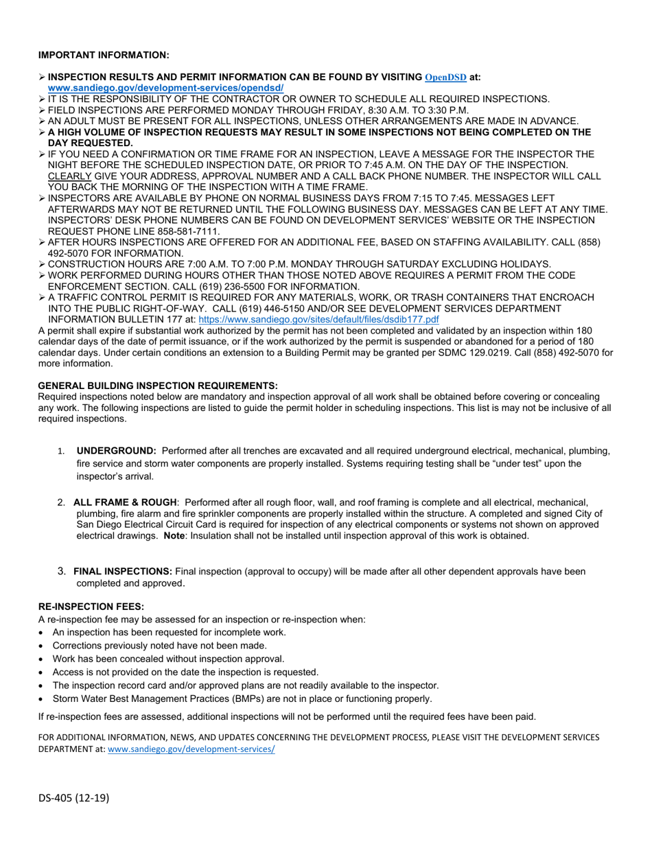 Form DS-405 Inspection Record - Simple Permits - City of San Diego, California, Page 2