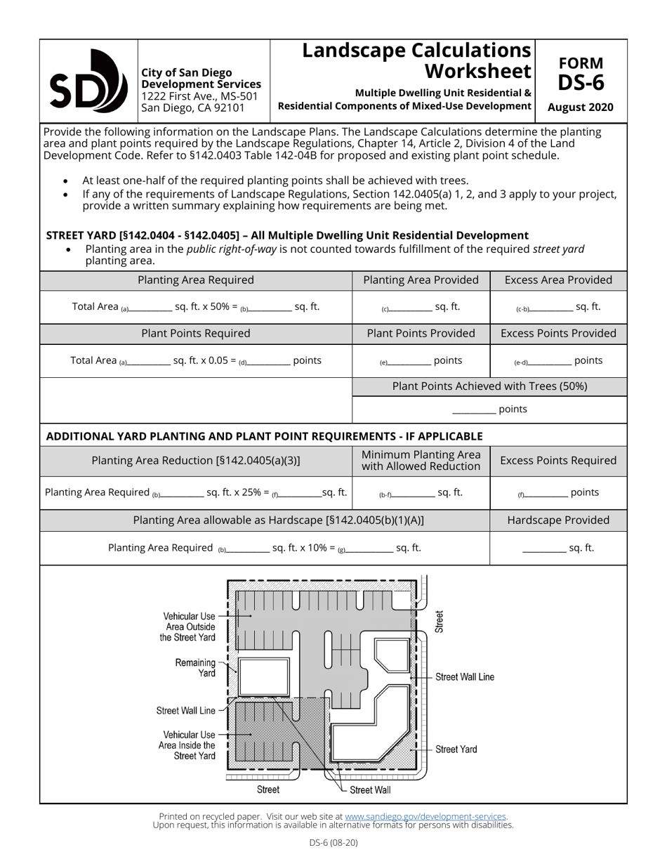 Form DS-6 Landscape Calculations Worksheet - Multiple Dwelling Unit Residential  Residential Components of Mixed-Use Development - City of San Diego, California, Page 1