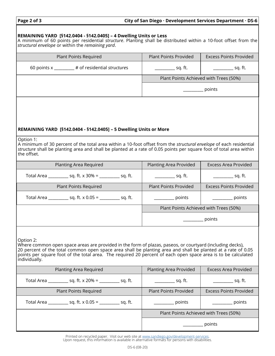 Form DS-6 Landscape Calculations Worksheet - Multiple Dwelling Unit Residential  Residential Components of Mixed-Use Development - City of San Diego, California, Page 2