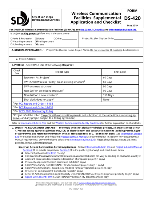 Form DS-420 Wireless Communication Facilities Supplemental Application and Checklist - City of San Diego, California
