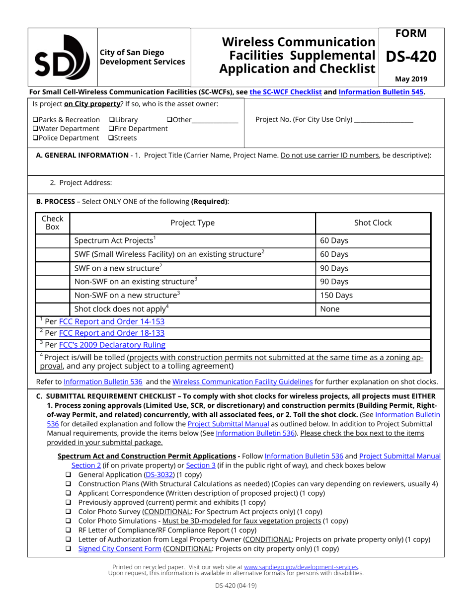 Form DS-420 Wireless Communication Facilities Supplemental Application and Checklist - City of San Diego, California, Page 1