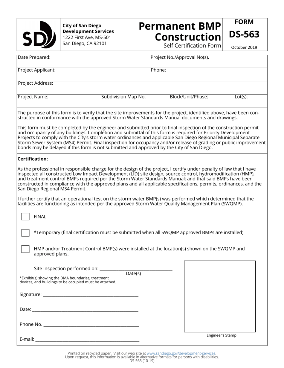 Form DS-563 Permanent Bmp Construction Self Certification Form - City of San Diego, California, Page 1