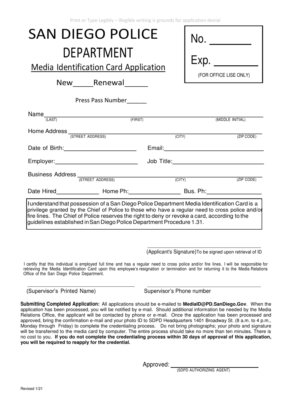 Media Identification Card Application - City of San Diego, California, Page 1