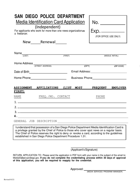 Media Identification Card Application (Independent) for Applicants Who Work for More Than One News Organization as a Freelancer - City of San Diego, California Download Pdf