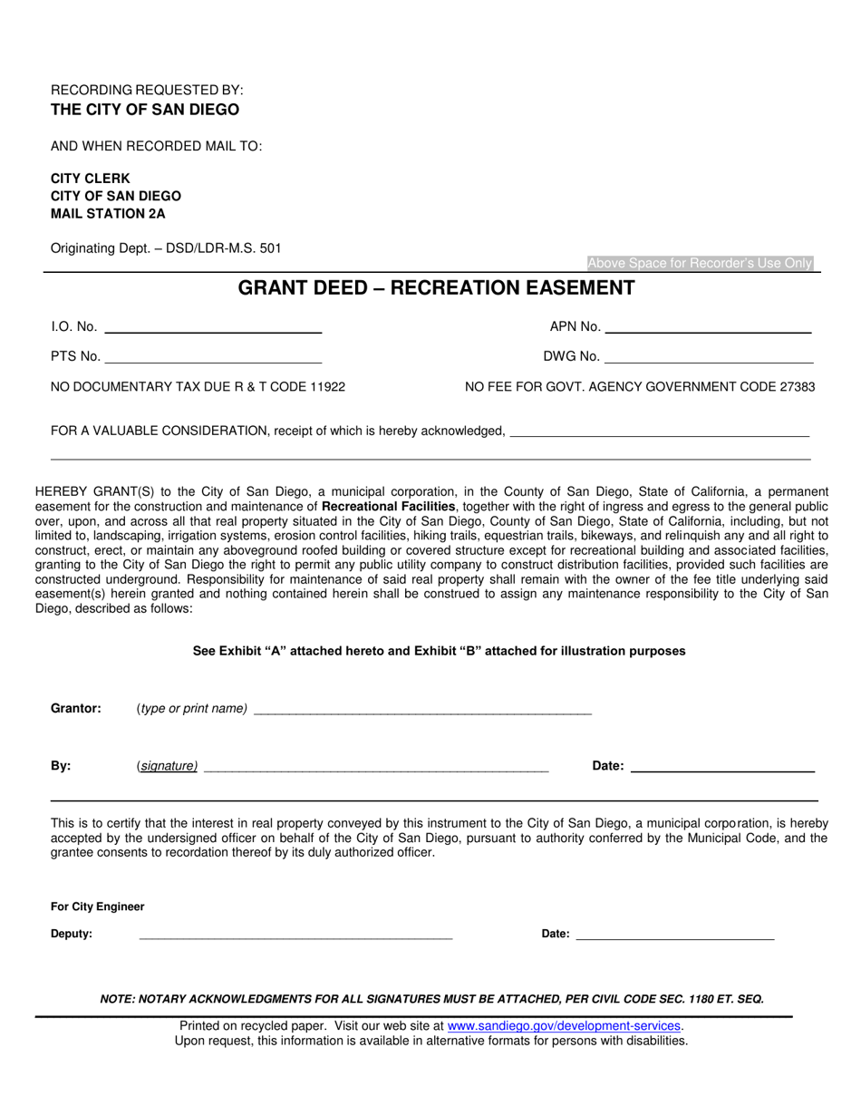 Grant Deed - Recreation Easement - City of San Diego, California, Page 1