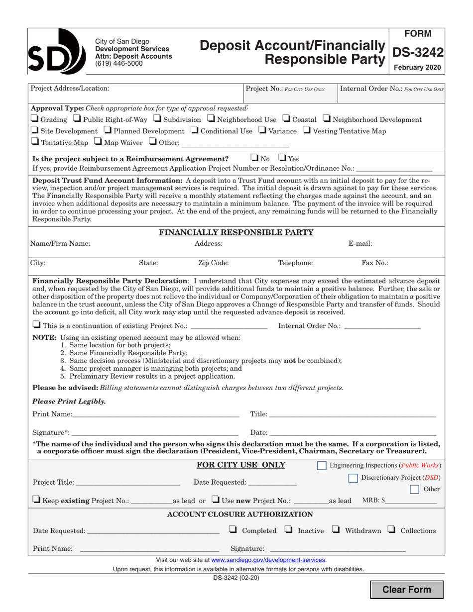 Form DS-3242 Deposit Account / Financially Responsible Party - City of San Diego, California, Page 1