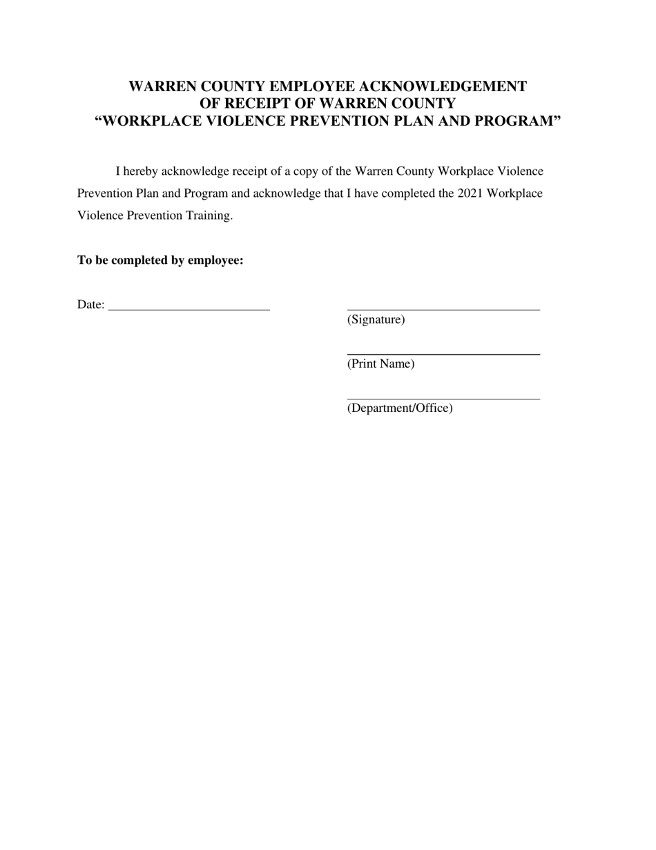 Warren County Employee Acknowledgement of Receipt of Warren County workplace Violence Prevention Plan and Program - Warren County, New York, Page 1