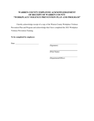 Document preview: Warren County Employee Acknowledgement of Receipt of Warren County workplace Violence Prevention Plan and Program - Warren County, New York