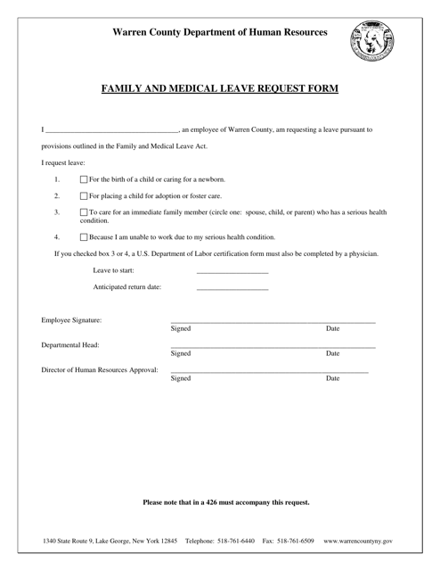 Family and Medical Leave Request Form - Warren County, New York Download Pdf