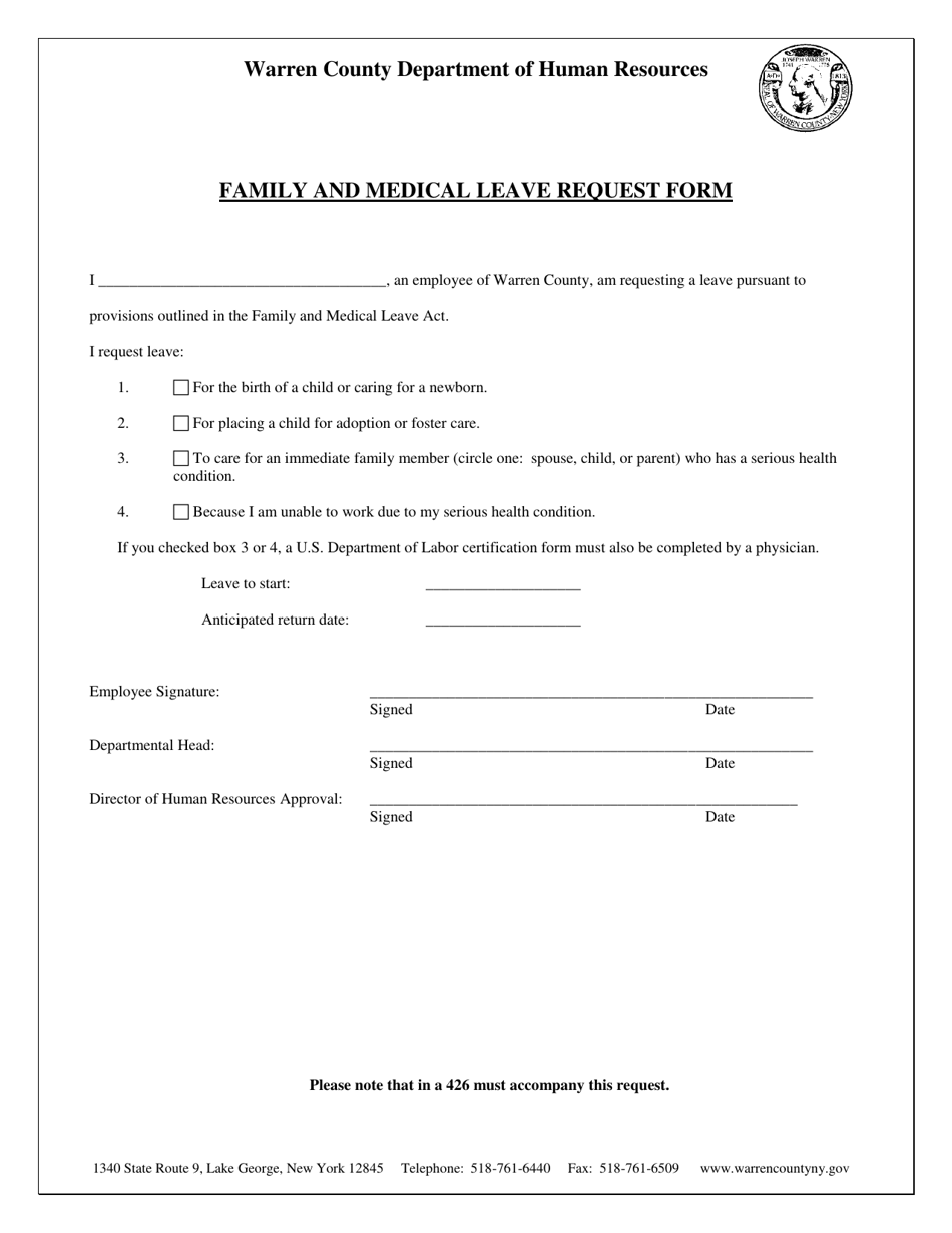 Family and Medical Leave Request Form - Warren County, New York, Page 1