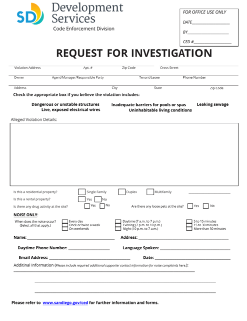 Form NC-114 Request for Investigation - City of San Diego, California