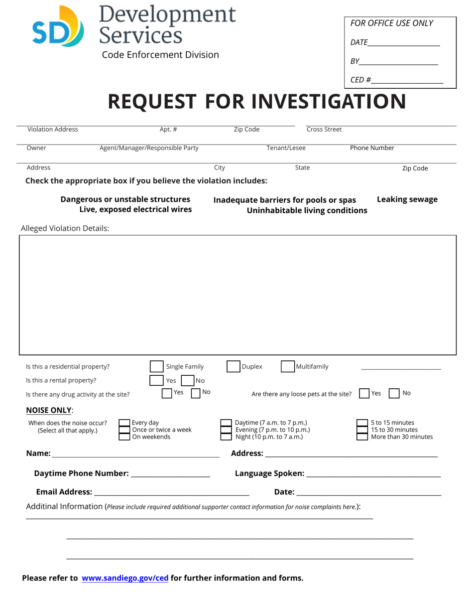 Form NC-114 Request for Investigation - City of San Diego, California, Page 1
