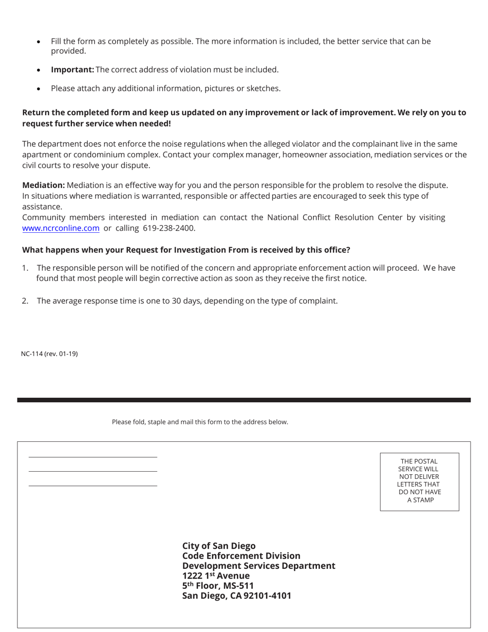 Form NC-114 Request for Investigation - City of San Diego, California, Page 2