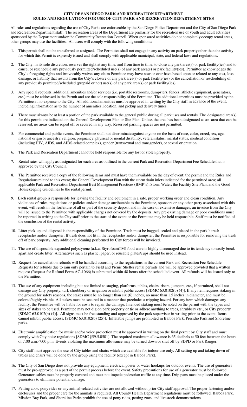 Rules and Regulations for Use of City Park and Recreation Department Sites - City of San Diego, California, Page 1