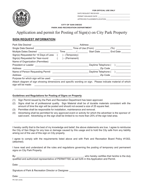 Form PR-1691 Application and Permit for Posting of Sign(S) on City Park Property - City of San Diego, California