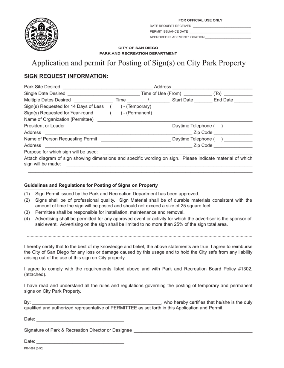 Form PR-1691 Application and Permit for Posting of Sign(S) on City Park Property - City of San Diego, California, Page 1