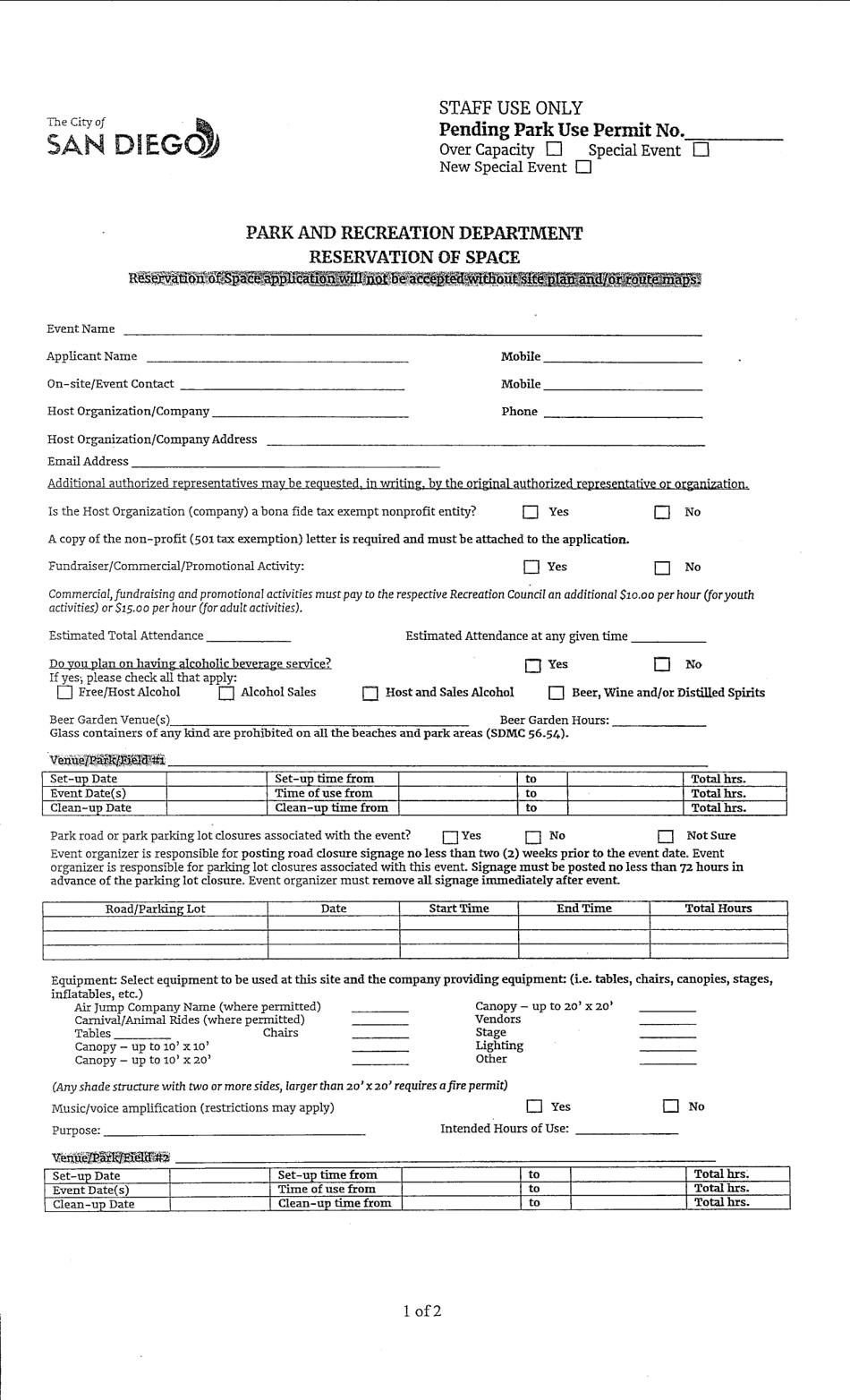 Reservation for Use of Park Space - City of San Diego, California, Page 1