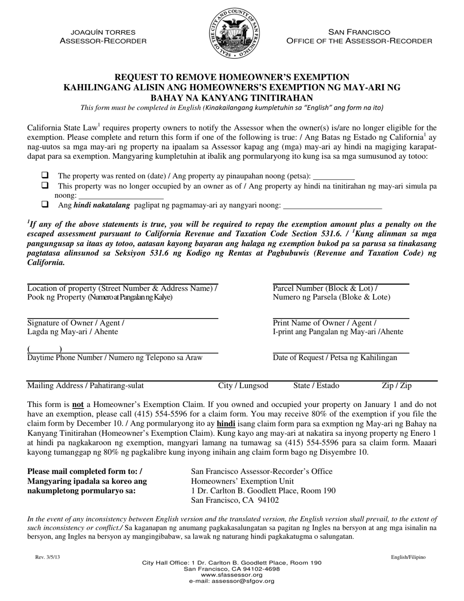 Request to Remove Homeowner's Exemption - City and County of San Francisco, California (English/Tagalog), Page 1