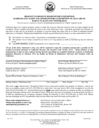 Document preview: Request to Remove Homeowner's Exemption - City and County of San Francisco, California (English/Tagalog)