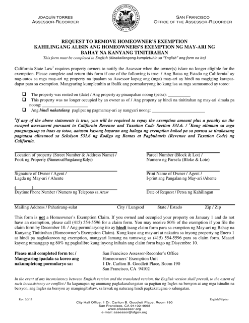 Request to Remove Homeowner's Exemption - City and County of San Francisco, California (English/Tagalog) Download Pdf