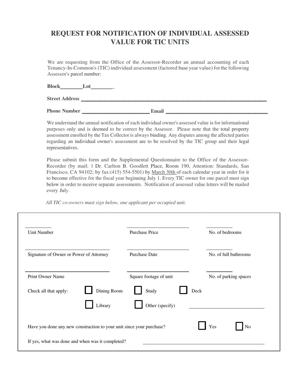 Request for Notification of Individual Assessed Value for Tic Units - City and County of San Francisco, California, Page 2