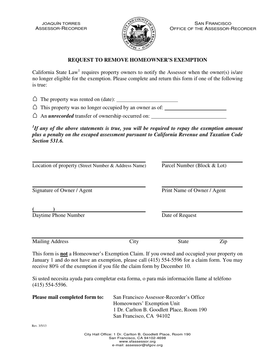 Request to Remove Homeowners Exemption - City and County of San Francisco, California, Page 1