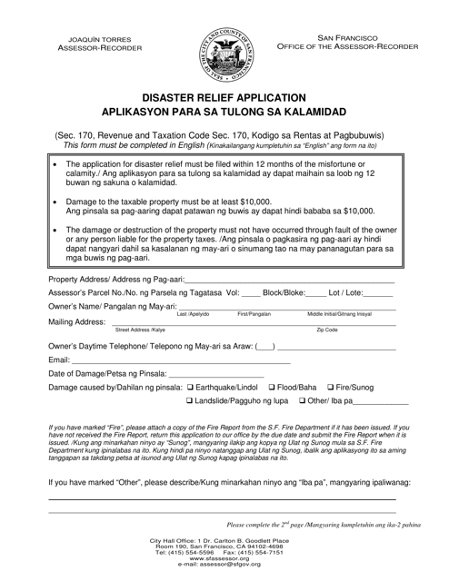 Form RP67 Disaster Relief Application - City and County of San Francisco, California (English/Tagalog)
