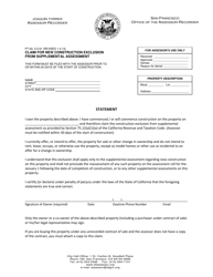 Document preview: Form PT-64 Claim for New Construction Exclusion From Supplemental Assessment - City and County of San Francisco, California