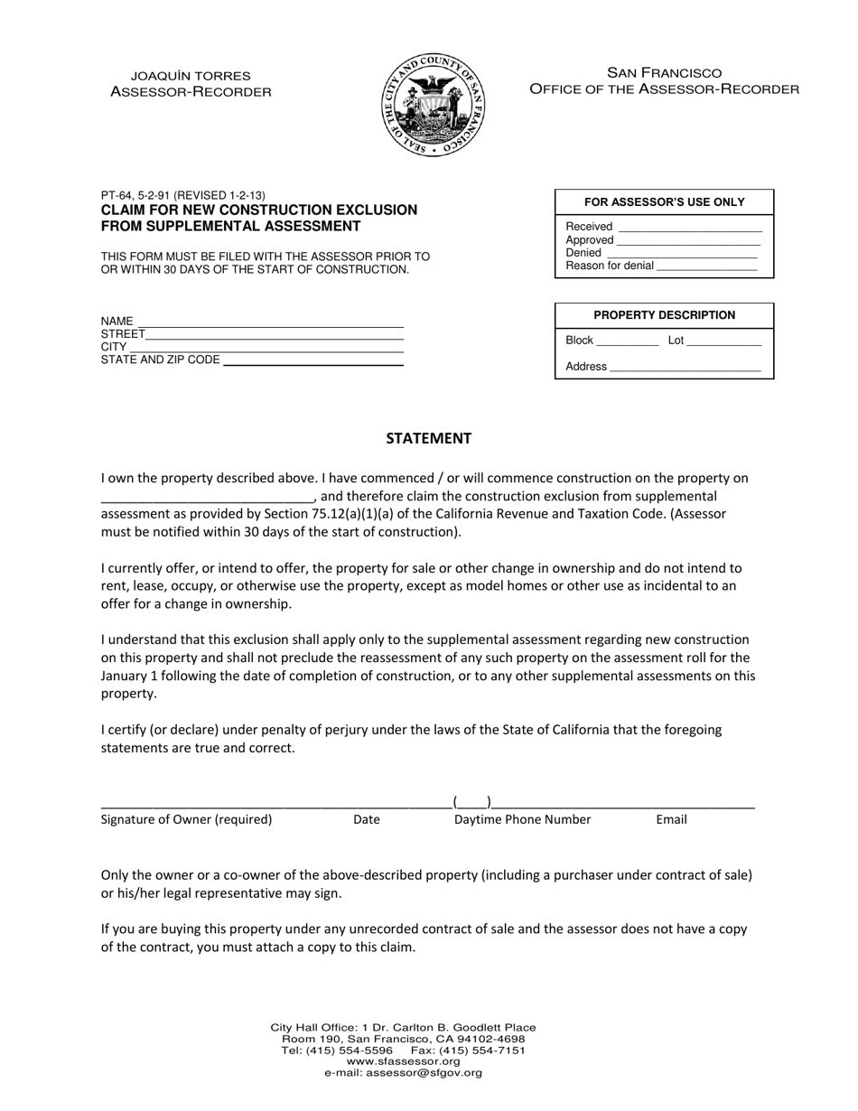 Form PT-64 Claim for New Construction Exclusion From Supplemental Assessment - City and County of San Francisco, California, Page 1