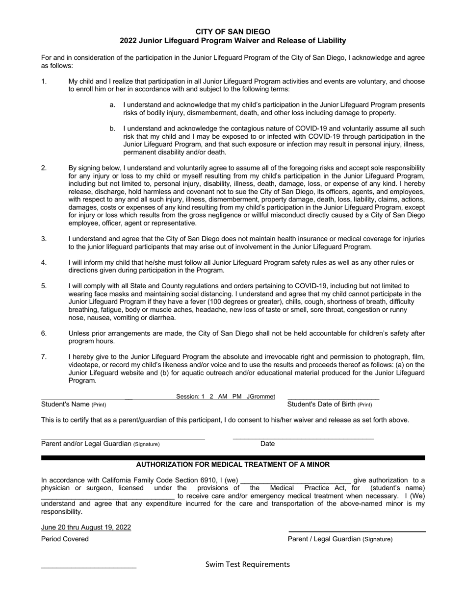 Junior Lifeguard Program Waiver and Release of Liability - City of San Diego, California, Page 1