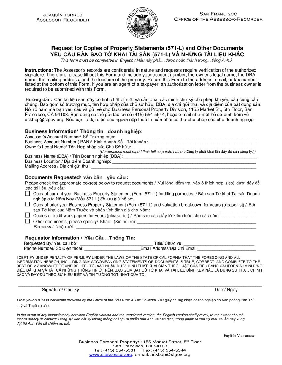 Request for Copies of Property Statements (571-l) and Other Documents - City and County of San Francisco, California (English/Vietnamese), Page 1
