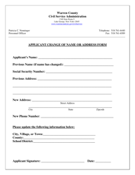Document preview: Applicant Change of Name or Address Form - Warren County, New York