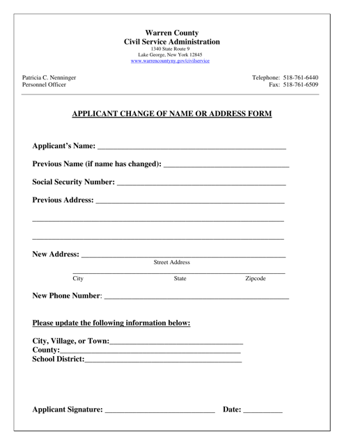 Applicant Change of Name or Address Form - Warren County, New York