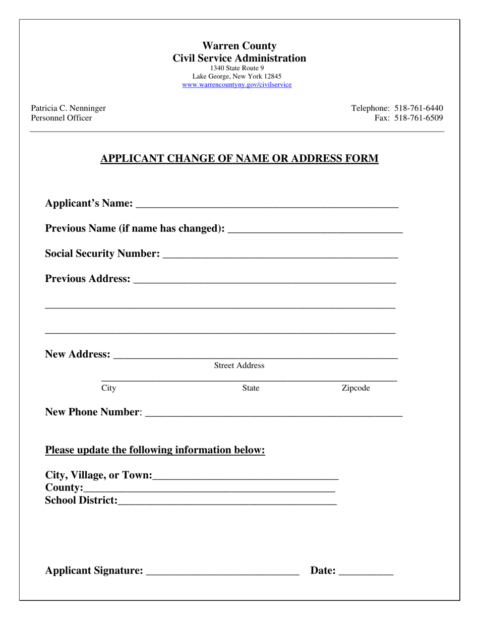 Applicant Change of Name or Address Form - Warren County, New York, Page 1