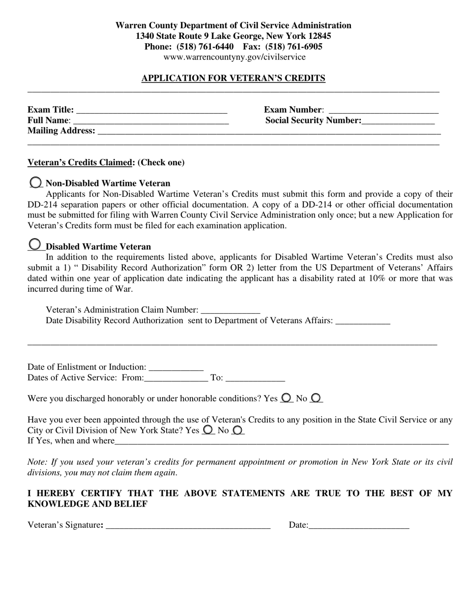 Application for Veterans Credits - Warren County, New York, Page 1