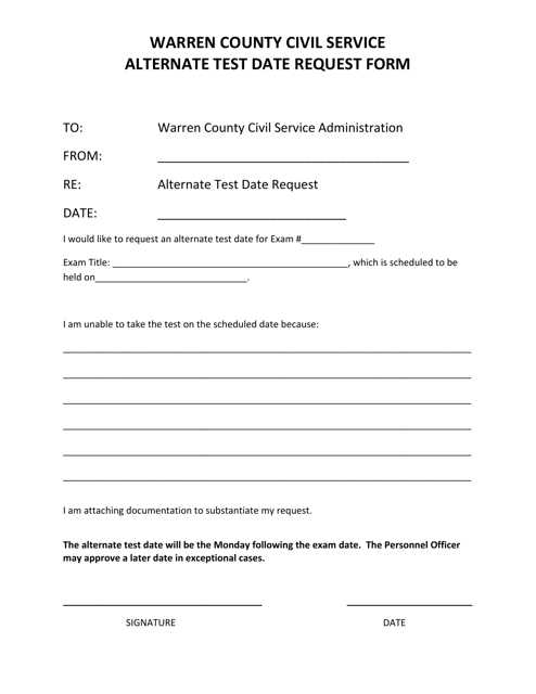 Alternate Test Date Request Form - Warren County, New York Download Pdf