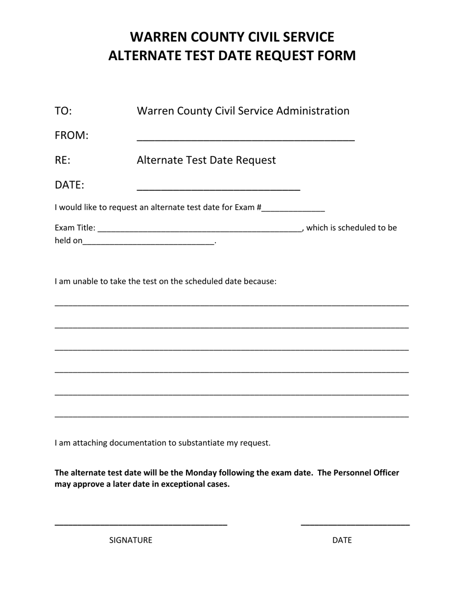 Alternate Test Date Request Form - Warren County, New York, Page 1